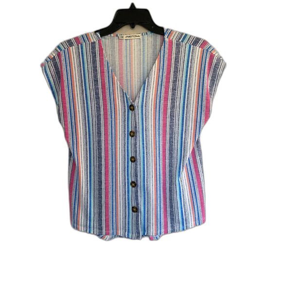 FLT Studio Tops - FLT Studio Striped Button Down V-Neck Sleeveless Blouse Top Medium